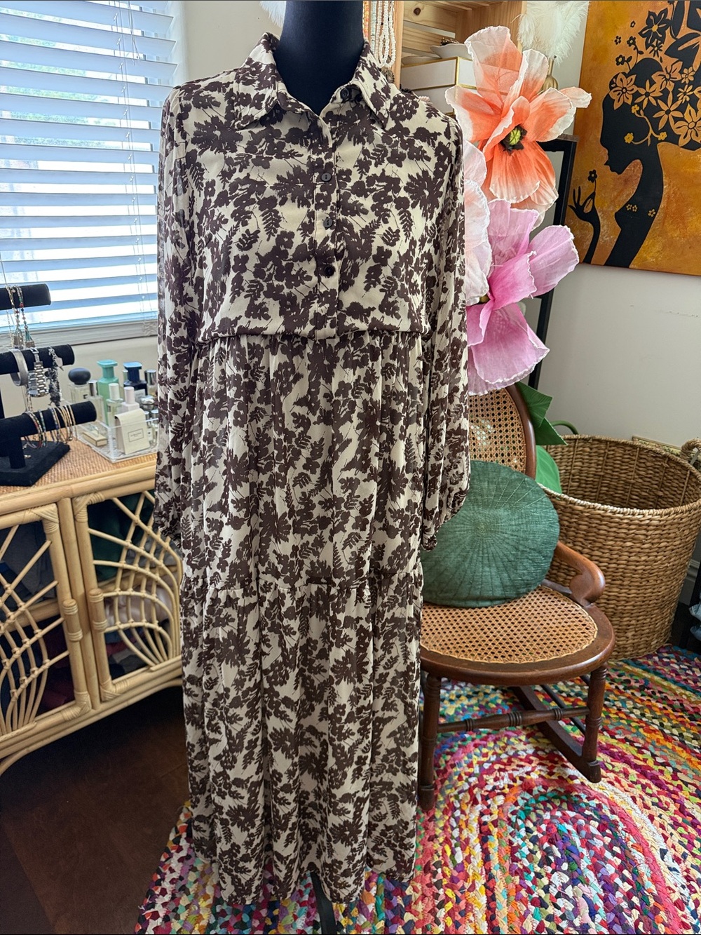 Carly Jean Earth Tone Floral Long Sleeve Empire Waist Boho Hippie Maxi Dress